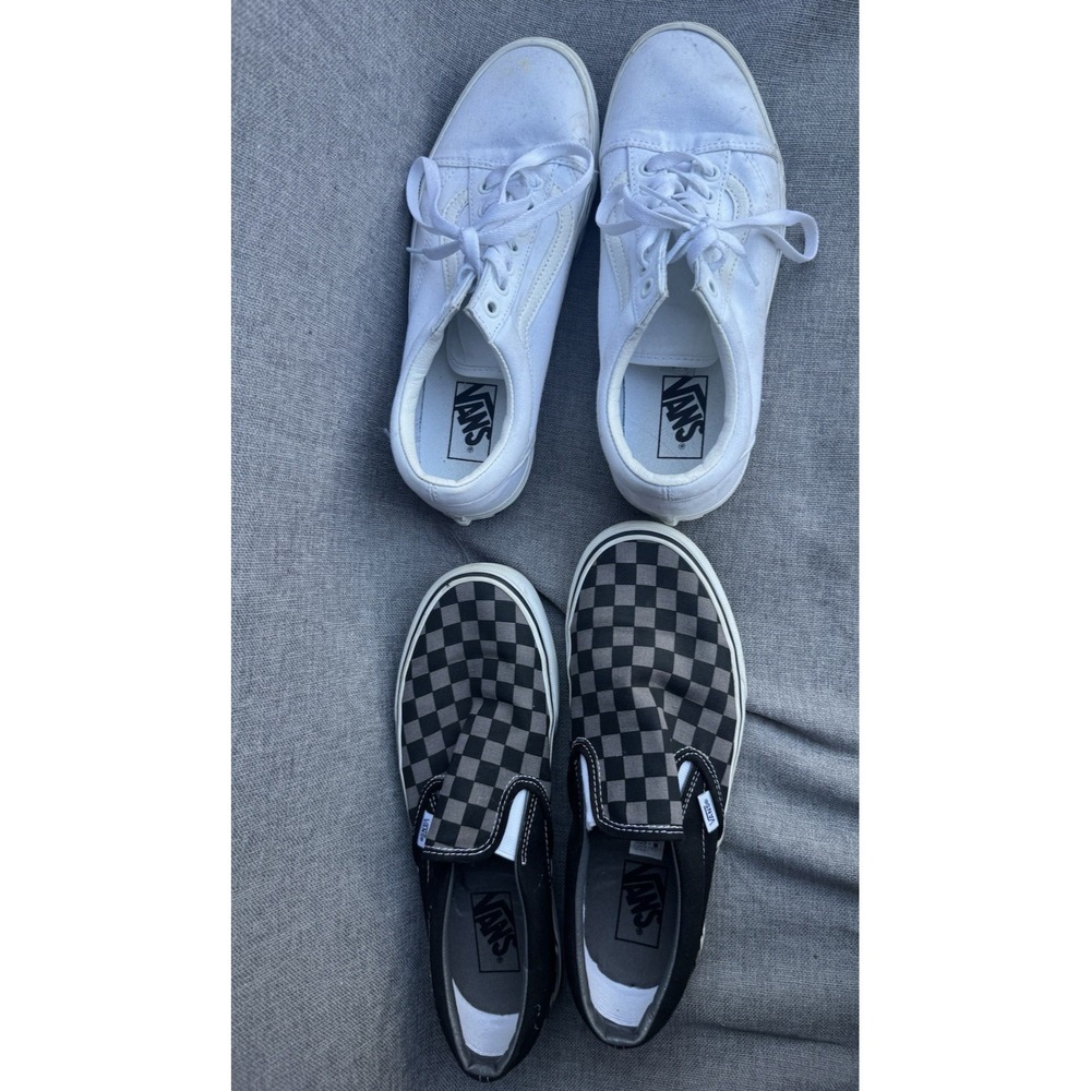 Lot 2 Vans Classic Slip-On Black/Gray Checkerboard White Old Skool M8.5 W 10